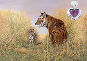 Playtime, Dad-Tigers, fine art print, with Rhodium Heart Pendant with deep pink CZ Center and pave CZ heart shaped bale