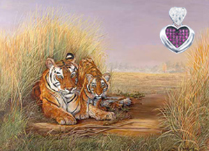 Playtime, Mom-Tigers, giclee print on canvas, with Rhodium Heart Pendant, with deep pink CZ Center and pave cz heart shaped Bale