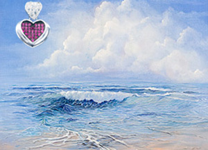 Tranquility-Seascape, giclee on canvas, with Rhodium Heart Pendant with deep pink CZ Center and CZ pave heart shaped bale