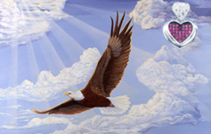 In God We Trust-bald Eagle, fine art canvas print, with Rhodium Heart Pendant with deep pink CZs center and pave CZ heart shaped bale