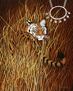 Backward Glance-Tiger, fine art print on canvas, with Gold Eternal Circle with dangling CZs and offset attached chain