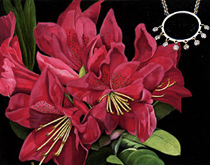 Red Rhododendrun, giclee print on canvas, with Gold Eternal Circle pendant with dangling CZs
